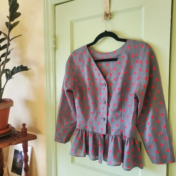 Vintage Tops - Vintage pinup rockabilly handmade polka dot button up frilly blouse top